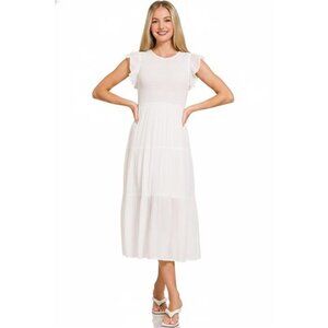 Zenana Woven Smocked Ruffle Sleeve Midi Dress‎